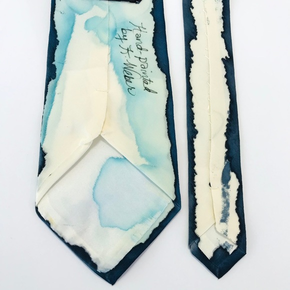 Vintage 60’s Hand Painted Signed Designer Silk Necktie Blue Silver Salmon EUC - Picture 5 of 11
